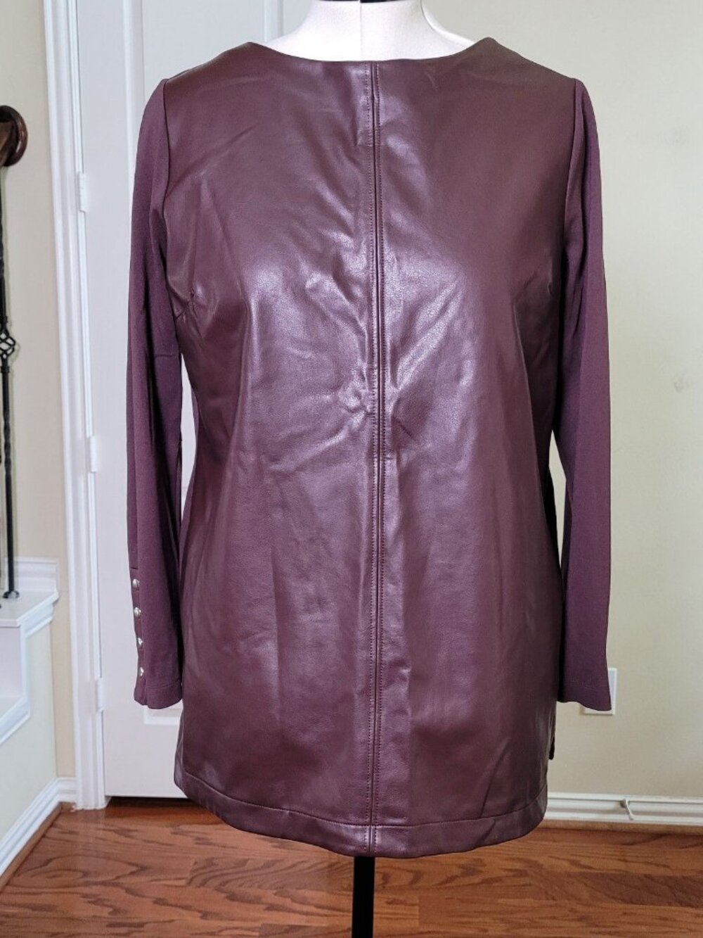 Chicos Tunic Top Faux Leather Front Brown Women L (2) Sleeve Button Rockstar